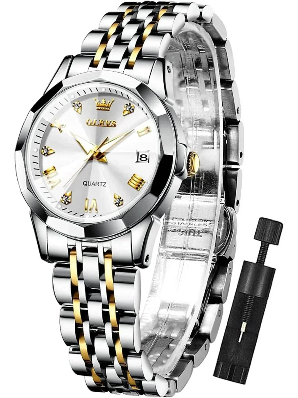 Women's Silver Diamond Analog Stainless Steel Waterproof Luminous Wrist Watch